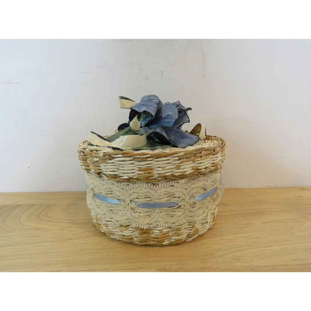 Vintage Floral Woven Nesting Baskets Set of 4 Decorative Lace Trim Storage Boxes